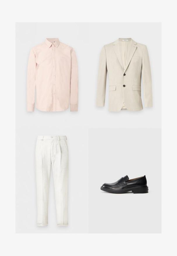 Blazer beige pour homme à simple boutonnage, avec revers crantés, deux poches à rabat devant, une poche poitrine et une fermeture par un bouton.; Chemise rose clair à manches longues avec boutons, col pointu, logo discret sur la poitrine et poignets boutonnés sur un fond blanc uni.; Pantalon blanc sur mesure avec plis à l'avant, poches latérales, passants de ceinture et fermeture par bouton.; Chaussure habillée noire en cuir, à enfiler, avec un petit talon et un logo Calvin Klein discret sur le côté, présentée de profil sur un fond blanc.