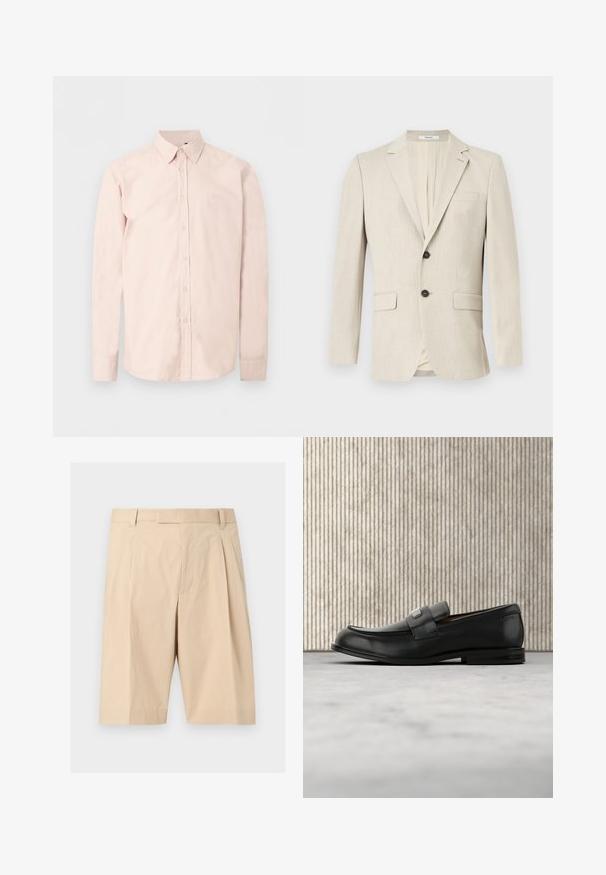 Blazer beige pour homme à simple boutonnage, avec revers crantés, deux poches à rabat devant, une poche poitrine et une fermeture par un bouton.; Chemise rose clair à manches longues avec boutons, col pointu, logo discret sur la poitrine et poignets boutonnés sur un fond blanc uni.; Shorts beige mi-long cintrés avec passants pour ceinture, plis à l'avant et fermeture éclair cachée sur le devant.; Mocassin en cuir noir avec une plaque de marque en métal reposant près d'une table ronde marron sur un sol recouvert de moquette beige.