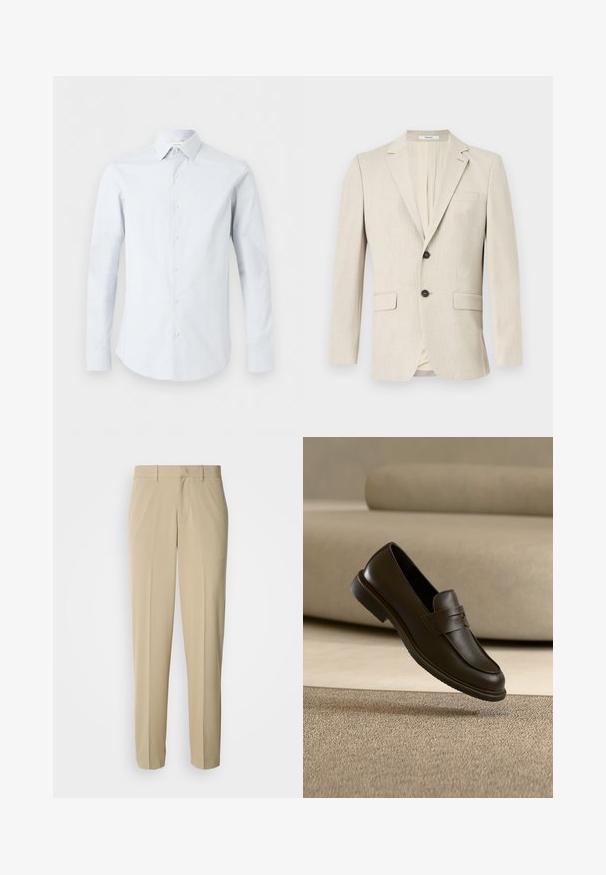 Blazer beige pour homme à simple boutonnage, avec revers crantés, deux poches à rabat devant, une poche poitrine et une fermeture par un bouton.; Chemise homme bleu clair à manches longues boutonnée avec col pointu et motif texturé subtil sur fond blanc.; Pantalon beige à jambes droites, confectionné dans un tissu lisse, avec un devant plat et sans poches ni ornements visibles.; Un seul mocassin en cuir brun foncé flottant au-dessus d’un tapis texturé beige, avec un canapé beige flou en arrière-plan.