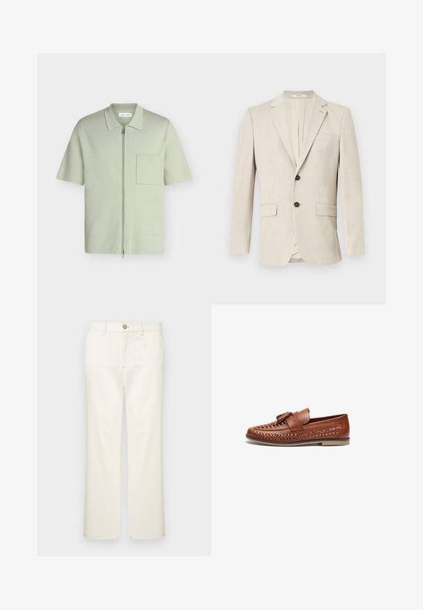 Blazer beige pour homme à simple boutonnage, avec revers crantés, deux poches à rabat devant, une poche poitrine et une fermeture par un bouton.; Chemise vert clair à manches courtes avec une fermeture éclair à l'avant, un col et une poche poitrine sur fond blanc uni.; Pantalon en coton beige à coupe droite, avec poches avant, fermeture par bouton et détails de couture subtils.; Mocassins en cuir marron avec des détails tissés sur le dessus, une semelle plate et un accent de pompon décoratif sur le vamp.