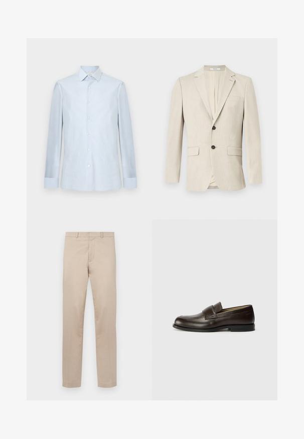 Blazer beige pour homme à simple boutonnage, avec revers crantés, deux poches à rabat devant, une poche poitrine et une fermeture par un bouton.; Chemise homme bleu clair à manches longues, fermeture boutonnée sur le devant, col pointu et motif à carreaux discret.; Pantalon beige à jambes droites avec passants de ceinture, fermeture éclair à l'avant et bouton, présenté à plat sur un fond clair.; Calvin Klein Chaussons - cocoa brown