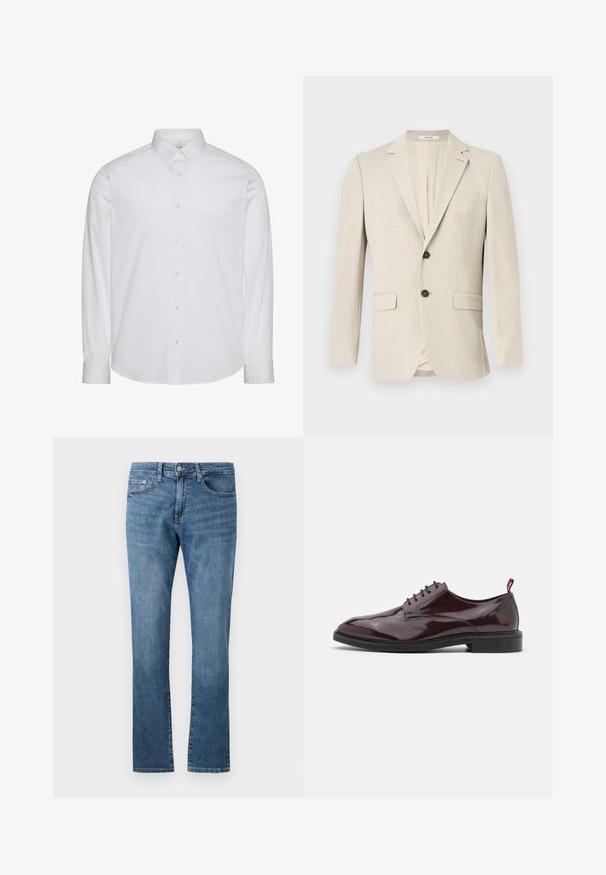 Blazer beige de hombre de un solo botón con solapas con muesca, dos bolsillos frontales con solapa, un bolsillo en el pecho y cierre de botón.; Camisa blanca de manga larga con botones, hecha de algodón. Presenta un cuello estándar, tapeta frontal con botones y dobladillo redondeado. Logo de la marca discreto.; Vaqueros de mezclilla azul de corte recto con diseño clásico de cinco bolsillos y cierre de botón, mostrados sobre fondo blanco.; Zapato de vestir de cuero burdeos con acabado brillante, puntera redonda, diseño de cordones y suela negra en contraste. Cuenta con un tirador en el talón rojo.