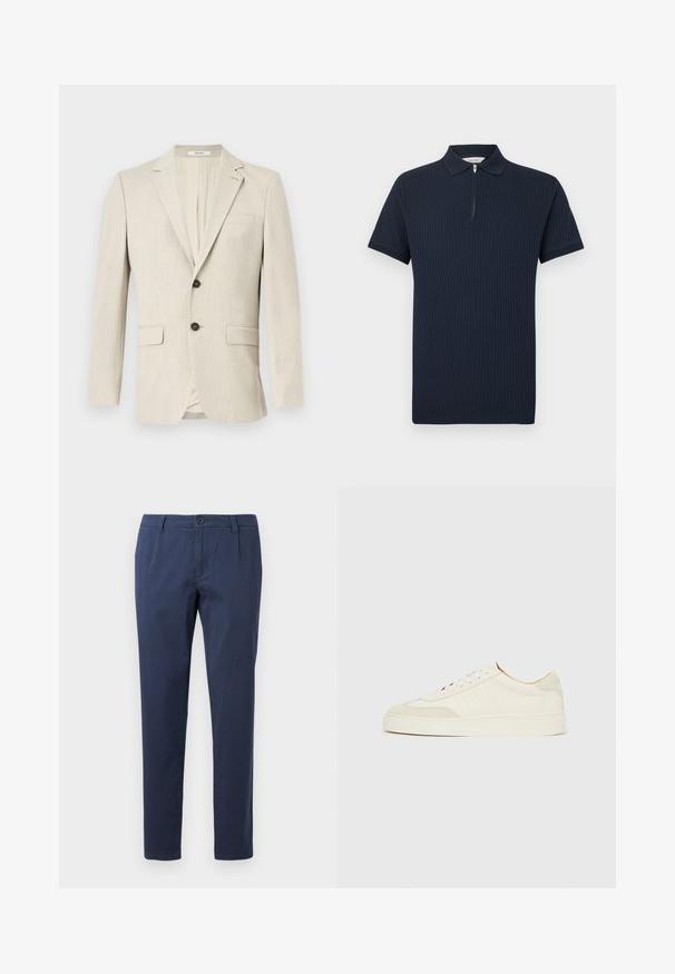 Beiger einreihiger Herrenblazer mit Kerbkragen, zwei vorderen Pattentaschen, einer Brusttasche und einem Knopfverschluss.; Marineblaues, geripptes Poloshirt mit kurzen Ärmeln, einem Reißverschluss am Kragen sowie einem strukturierten Strickkragen und Ärmelsäumen.; Marineblaue Hose aus leichtem Stoff, mit einem frontalen Knopfverschluss, zwei Seitentaschen und einem geraden Beinansatz.; Weiße Wildleder-Sneaker mit glatter Oberfläche, rundem Zehenbereich, flachem Schnürdesign und kontrastierenden, strukturierten Akzenten. Mit einem dezenten Logodetail versehen.
