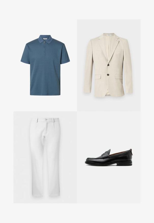 Blazer beige pour homme à simple boutonnage, avec revers crantés, deux poches à rabat devant, une poche poitrine et une fermeture par un bouton.; Polo bleu côtelé à manches courtes avec fermeture éclair devant et col et poignets texturés, présenté sur fond blanc.; Pantalon blanc droit avec passants pour ceinture, fermeture par bouton et plis avant sur fond uni.; Mocassin homme en cuir noir avec couture moc toe, bride penny, col texturé et petit talon empilé sur fond blanc.