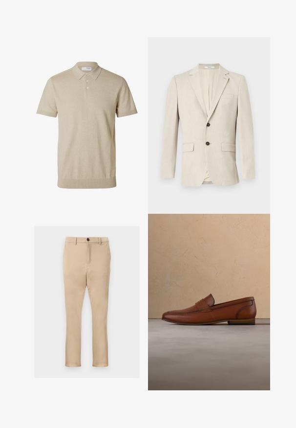 Beige enkeltknottet herreblazer med notch revers, to forlommelommer med klap, en brystlomme og lukning med en knap.; Beige kortærmet polo med krave og tre knapper, ribkant ved ærmer og nederkant, ensfarvet strikstof.; Beige chinos lavet af glat stof, med lige ben, lommer foran og en enkelt sort knaplukning i taljen.; Brun læderloafer, der svæver over et beige tæppe med en sløret lys brun sofa i baggrunden.