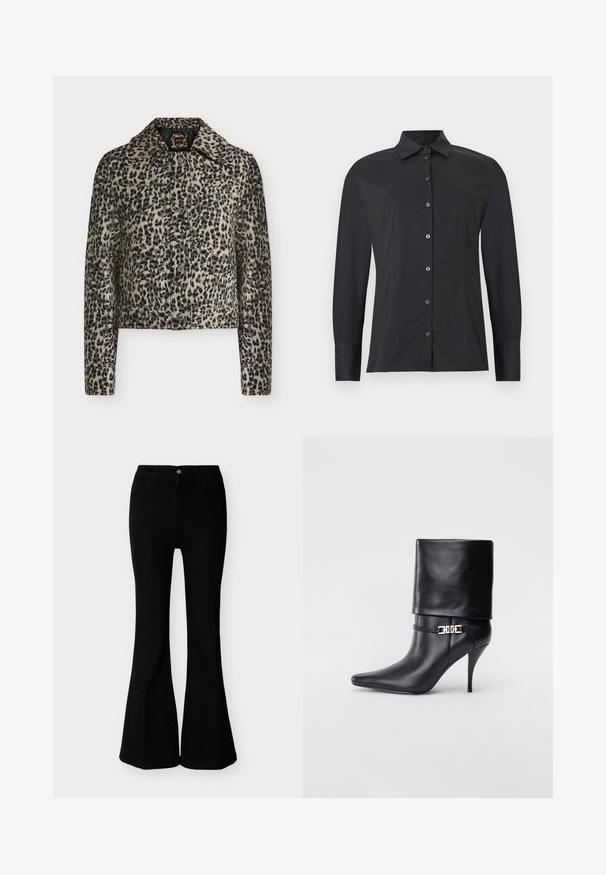 Veste à boutons imprimé léopard avec col et manches longues, ourlet droit et détails de coutures visibles.; Chemise noire à manches longues avec boutons, col classique, coupe slim et détails de coutures sur fond gris clair.; Jean évasé noir taille haute avec fermeture à boutons et fermeture éclair, poches avant, cintré au niveau des hanches et des cuisses.; Bottine en cuir noir avec un bout pointu, un haut talon aiguille, un revers, et un détail décoratif en boucle dorée au niveau de la cheville.