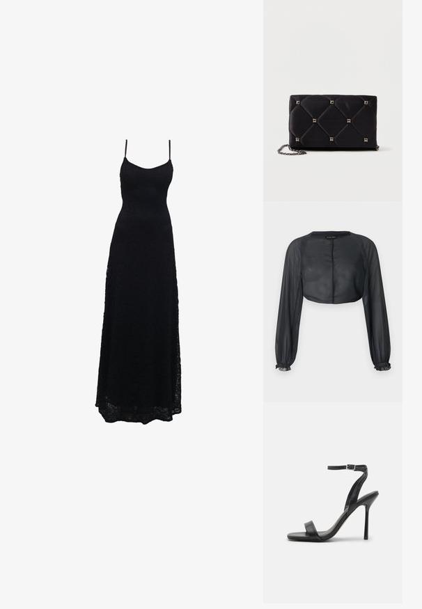 Zwarte doorschijnende cropped blouse met lange mouwen, elastische manchetten en een ronde halslijn op een lichte achtergrond.; Zwarte kant maxi-jurk met dunne spaghetti-bandjes, getailleerde bovenkant, uitlopende rok en ingewikkeld kantpatroon over de stof.; Zwarte hoge hakken sandaal met een slanke enkelband en twee voorste banden. Gemaakt van soepel leer met een slanke puntneus en een stiletteloze hak.; Zwarte gewatteerde satijnen clutch met zilveren piramide studs, kettingriem, rechthoekige vorm en een gladde textuur. Afmetingen van 10 cm x 18 cm x 4 cm.
