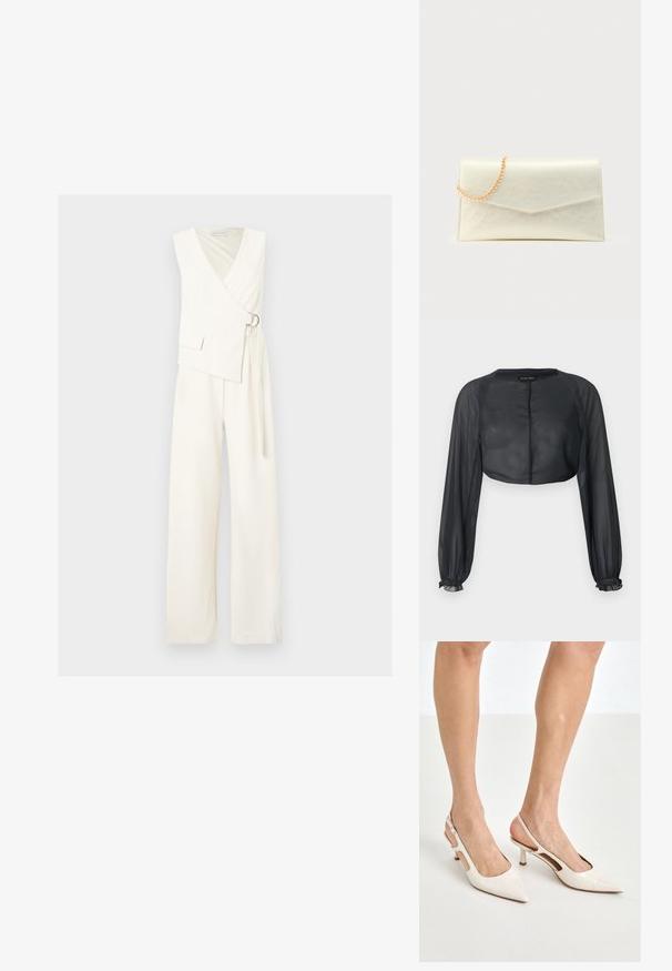 Blouse noire transparente à manches longues cropped avec poignets élastiqués et col rond sur un fond clair.; Combinaison blanche sans manches avec jambes larges, devant cache-cœur maintenu par une boucle en anneau argenté, et petit détail de poche en haut à gauche.; Escarpins à talon slingback en cuir verni beige avec un bout pointu et un talon de 5 cm, présentant des côtés découpés et une fine bride à la cheville.; Pochette rectangulaire couleur crème avec une bandoulière chaîne dorée posée sur le coin supérieur gauche sur un fond uni.