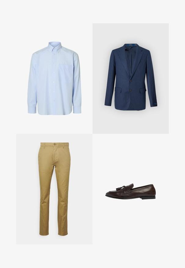 Dunkelblaues Herren-Sakko mit Notch-Lapels, zwei frontalen Pattentaschen und Zwei-Knopf-Verschluss, vor hellem grauem Hintergrund präsentiert.; Hemd aus hellblauem Stoff mit langen Ärmeln, weißen senkrechten Streifen, einer einzelnen Brusttasche und einem klassischen Kragen. Glatte Stoffstruktur.; Khaki Chinos aus glattem Baumwollmaterial, mit klassischem geradem Schnitt, Vordertasche und einem einzelnen Knopfverschluss an der Taille.; Braune Lederloafers mit niedrigem Absatz, ausgestattet mit einem breiten Riemen und dekorativen Quasten. Die glatte Textur und das klassische Design erhöhen die Vielseitigkeit.