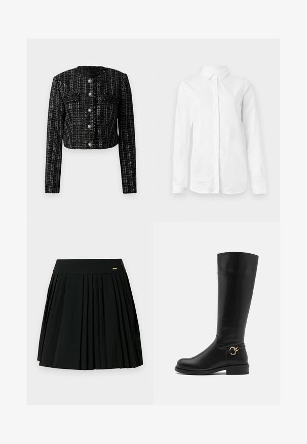 Zwarte cropped tweedjas met wit ruitpatroon, parelknopen en twee voorste klepzakken.; Witte overhemd met lange mouwen, gemaakt van glad katoen. Het heeft een klassieke kraag en een knoopsluiting aan de voorkant, met een rechte zoom en zonder patronen.; Zwarte geplooide rok met een gladde tailleband en een ritssluiting aan de zijkant. Gemaakt van zachte stof, met strakke plooien voor een gestructureerde uitstraling.; Anna Field Wide Fit Laarzen - black