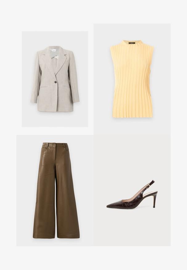 Blazer beige entallado con un solo botón, solapas con muesca y dos bolsillos frontales, exhibido sobre un fondo claro y liso.; Top de punto sin mangas de color amarillo pálido con cuello alto redondo y rayas verticales texturizadas.; Pantalones de pierna ancha hechos de suave cuero sintético marrón. Presentan una cintura alta, cuatro bolsillos y una cremallera frontal. Textura lisa y diseño minimalista.; Zapato de salón slingback de cuero texturizado en cocodrilo marrón oscuro con punta afilada y tacón de aguja de altura media sobre fondo liso.