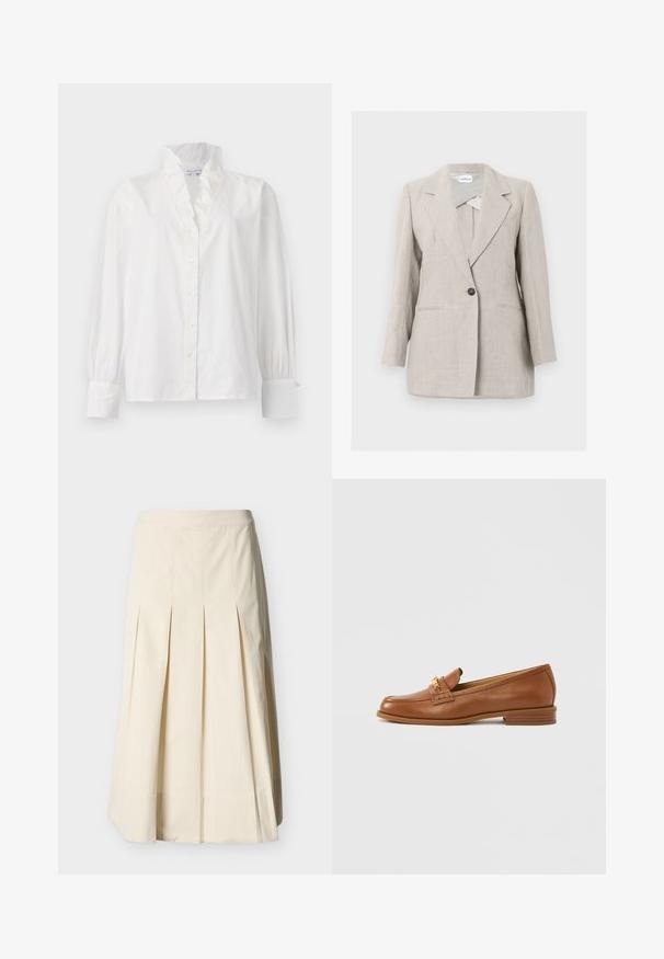 Blazer beige ajusté à un seul bouton avec revers crantés et deux poches avant, présenté sur un fond clair uni.; Chemisier blanc en coton avec un col volanté, des manches longues bouffantes et un devant boutonné orné de boutons ressemblant à des perles.; Jupe patineuse plissée en coton couleur crème. Caractérisée par une taille ajustée et une silhouette fluide avec des plis verticaux espacés de manière régulière.; Mocassin en cuir marron avec un bout rond, une bride décorative et un petit talon. Texture lisse, détails de couture subtils et accents en métal doré.