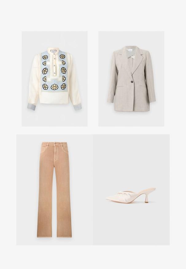 Blazer beige ajusté à un seul bouton avec revers crantés et deux poches avant, présenté sur un fond clair uni.; Blouse crème à manches longues avec motif à carreaux bleus, broderie florale jaune et noire sur le devant et les poignets, et boutons bleus sur une patte courte.; Jean taille haute à jambes droites de couleur marron clair avec bouton frontal, fermeture éclair, passants de ceinture et design à cinq poches.; Chaussure mule en tissu beige clair avec un design noué à l'avant, bout pointu et talon fin et effilé. Texture lisse dans l'ensemble.