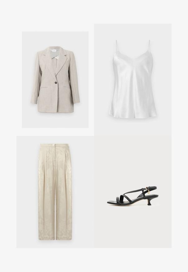 Blazer beige ajusté à un seul bouton avec revers crantés et deux poches avant, présenté sur un fond clair uni.; Haut camisole en satin blanc avec fines bretelles spaghetti et décolleté en V, présenté à plat sur un fond neutre.; Pantalon beige taille haute à jambes larges avec un motif floral subtil, fermeture avant par boutons et détails plissés.; Sandale noire en cuir à brides fines, talon bas kitten, boucle à la cheville et petit pendentif doré sur fond clair uni.