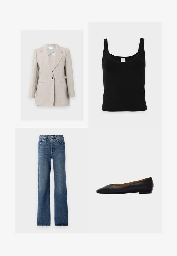 Beige skræddersyet blazer med enkelt knap, notched revers og to frontlommer, vist på en ensartet lys baggrund.; Sort ærmeløs dame tanktop med rund halsudskæring vist fladt på en hvid baggrund.; Blå denimjeans med lige ben, der har fem lommer, knaplukning og let falmede effekter med subtile slidmærker.; Sort læder flad sko med spids tå, lav hæl og glat finish, vist fra siden på en lysegrå baggrund.
