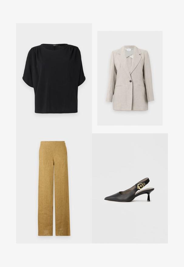 Blazer beige ajusté à un seul bouton avec revers crantés et deux poches avant, présenté sur un fond clair uni.; Haut noir à manches courtes avec une coupe décontractée, un col rond et des détails froncés aux épaules, confectionné dans un tissu doux et léger.; Pantalon taille haute à jambes larges en lin marron clair, avec un devant lisse et un design minimaliste.; Chaussure à talon haut noire à bride arrière, avec un bout pointu, une texture en cuir lisse et une accent de boucle dorée sur la bride.