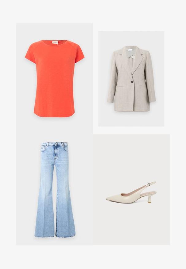 Blazer beige ajusté à un seul bouton avec revers crantés et deux poches avant, présenté sur un fond clair uni.; T-shirt uni orange vif à manches courtes avec encolure arrondie et couture visible sur les épaules et les manches, sur un fond clair.; Jean flare taille haute bleu clair avec boutons, fermeture éclair et poches à l'avant, présenté sur un fond blanc uni.; Chaussure slingback couleur crème à bout pointu avec un petit talon bas incurvé et une bride réglable à boucle.