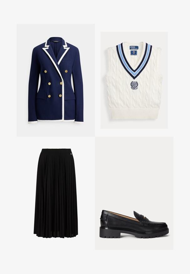 Blazer bleu marine à double boutonnage avec bordure blanche sur les revers, les poignets et l'ourlet, comportant six boutons dorés et des poches avant à rabat.; Gilet sans manches en maille torsadée blanche avec col en V rayé bleu et logo Polo Ralph Lauren Wimbledon sur la poitrine.; Jupe maxi plissée noire avec une taille texturée et un subtil détail métallique. Fabriquée en tissu léger pour faciliter les mouvements.; Mocassin en cuir noir avec semelle épaisse à relief, talon bas et bride décorative sur le devant.