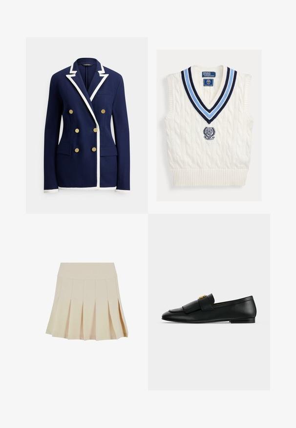 Marineblauwe dubbelgeknoopte blazer met witte biezen op revers, manchetten en zoom, voorzien van zes gouden knopen en voorflapzakken.; Wit kabelgebreid mouwloos trui-vest met blauw gestreepte V-hals en Polo Ralph Lauren Wimbledon-logo op de borst.; Beige geplisseerde rok met een aangesloten tailleband, gemaakt van een gladde stof. Kenmerkt zich door meerdere verticale plooien en een rechte zoom.; Zwarte leren loafer met een gefronste voorflap en een kleine gouden gesp op een effen lichtgrijze achtergrond.