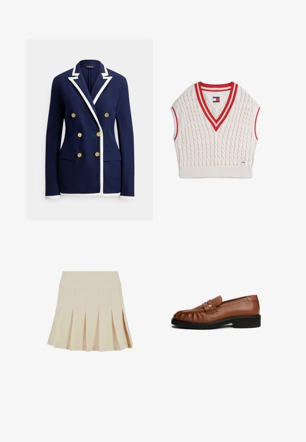 Marineblauer zweireihiger Blazer mit weißem Besatz an Revers, Bündchen und Saum, ausgestattet mit sechs goldenen Knöpfen und vorderen Pattentaschen.; Ärmellose Strickweste in cremefarben mit Zopfmuster, roter und weißer gestreifter V-Ausschnitt und Armausschnitte, Tommy Jeans Etikett am Kragen und Saum.; Beige Faltenrock mit einem taillierten Bund, aus einem glatten Stoff gefertigt. Verfügt über mehrere vertikale Falten und einen geraden Saum.; Braune Lederloafers mit glatter Textur, abgerundetem Zehenbereich, einem Detail mit vorderem Riemen und niedrigem schwarzen Gummihoch.