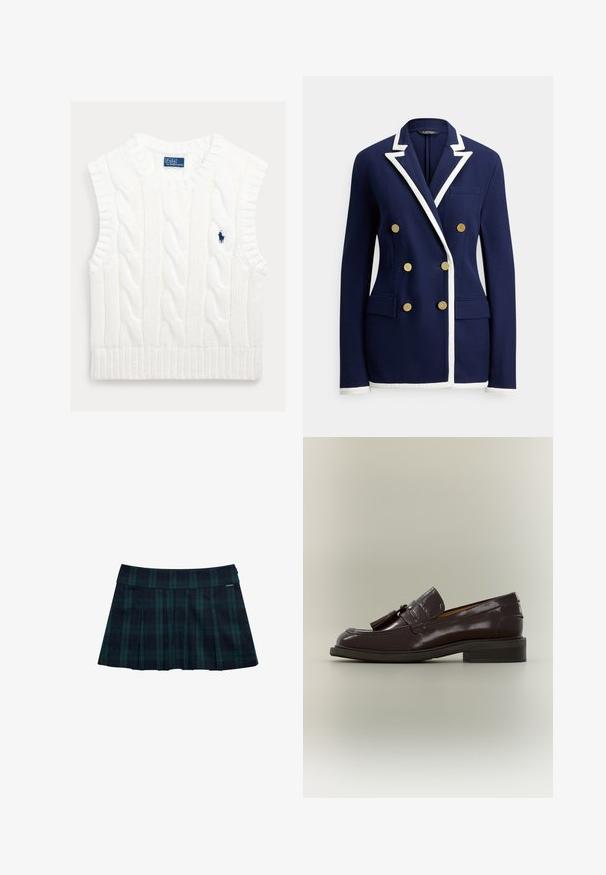 Blazer bleu marine à double boutonnage avec bordure blanche sur les revers, les poignets et l'ourlet, comportant six boutons dorés et des poches avant à rabat.; Pull sans manches blanc en maille torsadée avec ourlet côtelé. Comprend un petit logo bleu brodé sur la poitrine. Tissu texturé et doux.; Jupe plissée à carreaux en vert foncé et bleu marine avec une ceinture lisse et un accent logo. Présente un design classique à plis superposés.; Mocassin en cuir marron foncé avec pampilles, talon bas et semelle cousue, montré de profil sur un fond neutre.