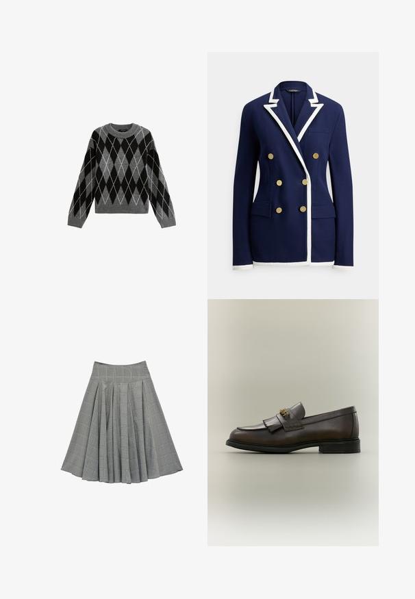 Blazer bleu marine à double boutonnage avec bordure blanche sur les revers, les poignets et l'ourlet, comportant six boutons dorés et des poches avant à rabat.; Pull en tricot argyle gris et noir avec col rond, manches longues et ourlet côtelé, présentant des contours de losanges blancs. Texture douce.; Jupe plissée grise avec motif à carreaux blancs et taille haute, présentée sur un fond blanc uni.; Mocassin en cuir marron foncé avec détail à franges et boucle dorée sur semelle noire, vu de côté sur un fond neutre.