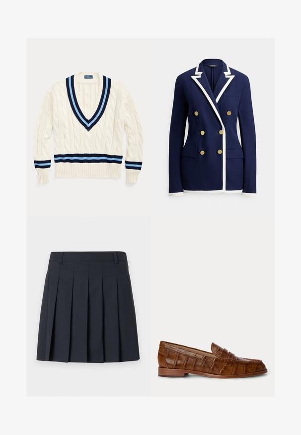 Blazer de doble botonadura azul marino con ribete blanco en solapas, puños y dobladillo, con seis botones dorados y bolsillos delanteros de solapa.; Suéter de punto en crema con escote en V, que presenta rayas en azul marino y azul claro en el cuello y el dobladillo inferior.; Falda plisada azul oscuro con una pretina plana, hecha de tela lisa. Presenta múltiples pliegues verticales y un diseño ajustado.; Mocasín marrón de cuero con patrón de cocodrilo, tacón bajo de madera y una correa arriba, mostrado sobre un fondo liso.