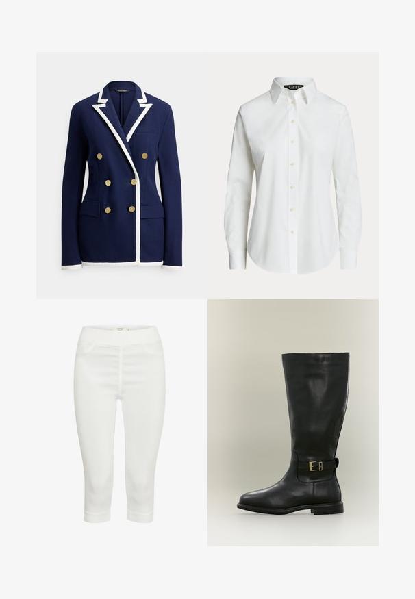 Marineblauwe dubbelgeknoopte blazer met witte biezen op revers, manchetten en zoom, voorzien van zes gouden knopen en voorflapzakken.; Wit overhemd met lange mouwen en knopen, met een klassieke kraag en zichtbare knopen aan de voorkant, getoond op een effen achtergrond.; Witte capri-broeken van rekbaar materiaal, met een gladde textuur, twee voorkwalme zakken en een comfortabele elastische tailleband.; Hoge zwarte leren laars met lage hak en een zijriem met een kleine gouden gesp, getoond op een neutrale achtergrond.