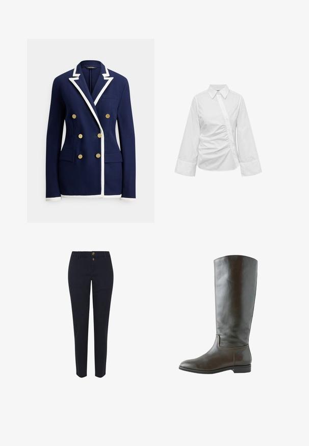 Marineblå dobbeltradet blazer med hvide kantdetaljer på revers, manchetter og kant, med seks guldknapper og forlommer med klap.; Hvid bluse med lange ærmer med asymmetrisk knaplukning og rynket detalje foran, med brede manchetter og spids krave.; Mørkeblå bomuldsbukser med lige ben-design, udstyret med to guldfarvede knapper og standart bæltesløjfer. Glat tekstur, ingen mønstre.; Høj brun læderstøvle med lav hæl, rundet tå og enkelt syning langs anklen og sålens kanter.