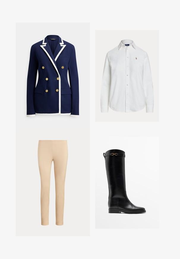 Marineblå dobbeltradet blazer med hvide kantdetaljer på revers, manchetter og kant, med seks guldknapper og forlommer med klap.; Hvid langærmet skjorte med knapper og krave samt lille broderet logo på venstre bryst, vist på ensfarvet baggrund.; Beige slim-fit ankellange bukser med en glat finish og uden synlige lommer eller pynt på en ensfarvet baggrund.; Høj sort læderstøvle med lav hæl og guldbelagt spænde nær toppen, vist i profil på hvid baggrund.