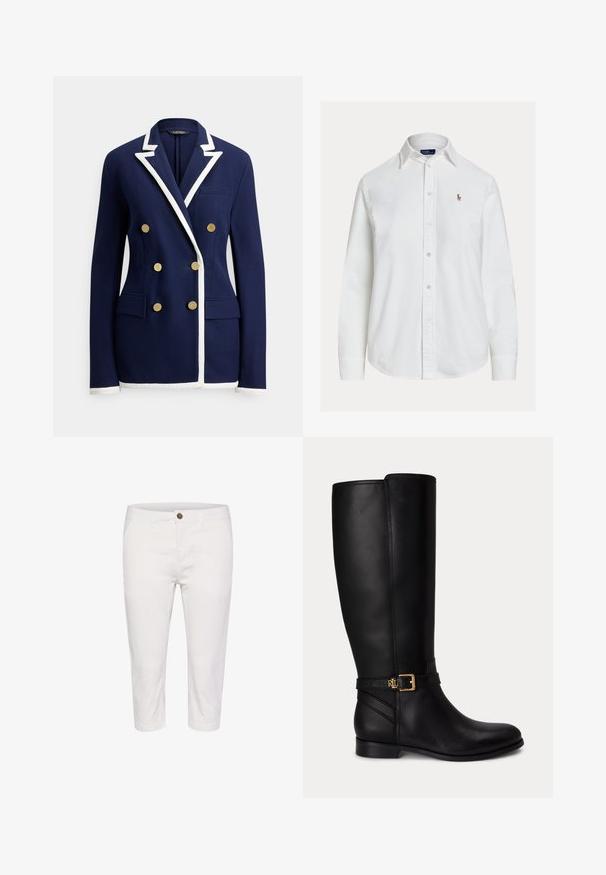 Marineblauer zweireihiger Blazer mit weißem Besatz an Revers, Bündchen und Saum, ausgestattet mit sechs goldenen Knöpfen und vorderen Pattentaschen.; Weißes Hemd mit langen Ärmeln, Knopfleiste, Kragen und kleinem besticktem Logo auf der linken Brust, vor einfachem Hintergrund dargestellt.; Weiße, aus Baumwolle gefertigte, cropped Hosen mit Knopfverschluss, die über Fronttaschen und eine glatte Oberfläche verfügen. Einfaches Design und gerader Schnitt.; Schwarzer kniehoher Lederstiefel mit niedrigem Absatz, goldener Schnalle und kleinem eingeprägtem Logo am Seitengurt.