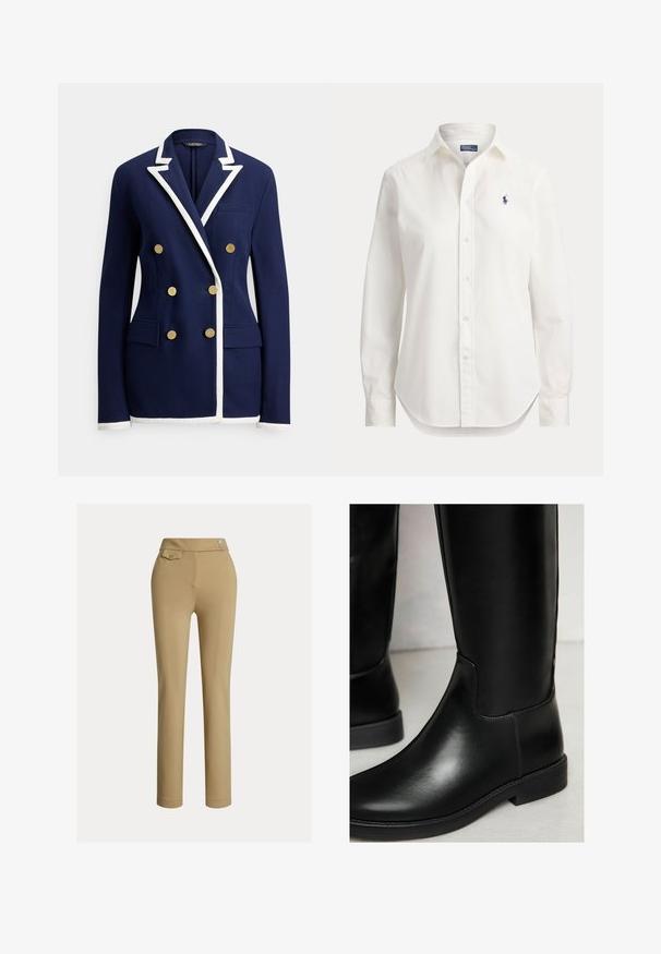 Marineblå dobbeltradet blazer med hvide kantdetaljer på revers, manchetter og kant, med seks guldknapper og forlommer med klap.; Hvid langærmet skjorte med knapper, krave og lille blåt logo af en polospiller på venstre bryst.; Beige skræddersyede bukser med en glat tekstur, høj talje, to dekorative knapper og en enkelt baglomme. Lige ben-design.; Sorte læder knæhæle støvler med en glat overflade, rund tå, minimal syning og en lav blokhæl. Har et slankt, tætsiddende design.