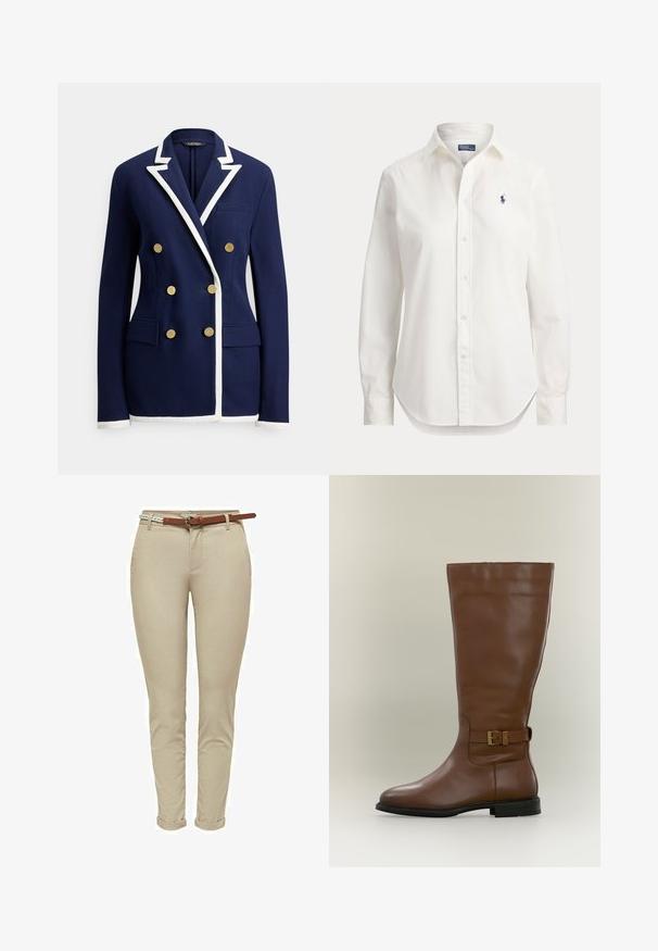 Blazer bleu marine à double boutonnage avec bordure blanche sur les revers, les poignets et l'ourlet, comportant six boutons dorés et des poches avant à rabat.; Chemise blanche à manches longues avec boutons, col et petit logo bleu d’un joueur de polo sur la poitrine gauche.; Pantalons beige ajustés en coton avec une texture lisse, dotés d'une ceinture en cuir marron et de revers roulés pour plus de détails.; Botte haute en cuir marron avec une bride à boucle latérale et une semelle basse noire, photographiée sur un fond neutre.