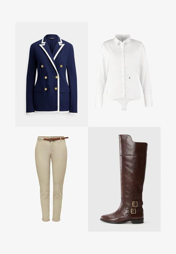 Blazer bleu marine à double boutonnage avec bordure blanche sur les revers, les poignets et l'ourlet, comportant six boutons dorés et des poches avant à rabat.; Chemise blanche à manches longues avec un devant boutonné, fabriquée en tissu lisse. Présente un petit logo floral noir sur le côté gauche. Conception de bas de body.; Pantalons beige ajustés en coton avec une texture lisse, dotés d'une ceinture en cuir marron et de revers roulés pour plus de détails.; Botte en cuir marron montante avec un bout arrondi, dotée de deux boucles en métal doré au niveau de la cheville et d'une texture lisse et polie.