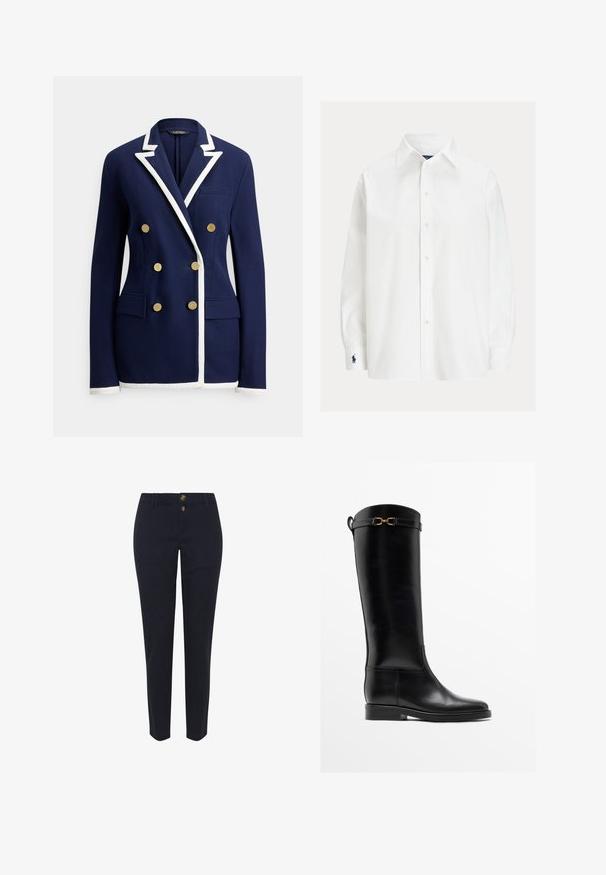 Marineblauer zweireihiger Blazer mit weißem Besatz an Revers, Bündchen und Saum, ausgestattet mit sechs goldenen Knöpfen und vorderen Pattentaschen.; Weißes langärmliges Hemd mit Knopfleiste, spitzem Kragen und marineblauem gesticktem Logo an der linken Manschette.; Hose aus Baumwolle in Marineblau mit geradem Bein, ausgestattet mit zwei goldfarbenen Knöpfen und klassischen Gürtelschlaufen. Glatte Textur, ohne Muster.; Hoher schwarzer Lederstiefel mit niedrigem Absatz und goldener Schnalle nahe dem oberen Rand, seitlich auf weißem Hintergrund dargestellt.