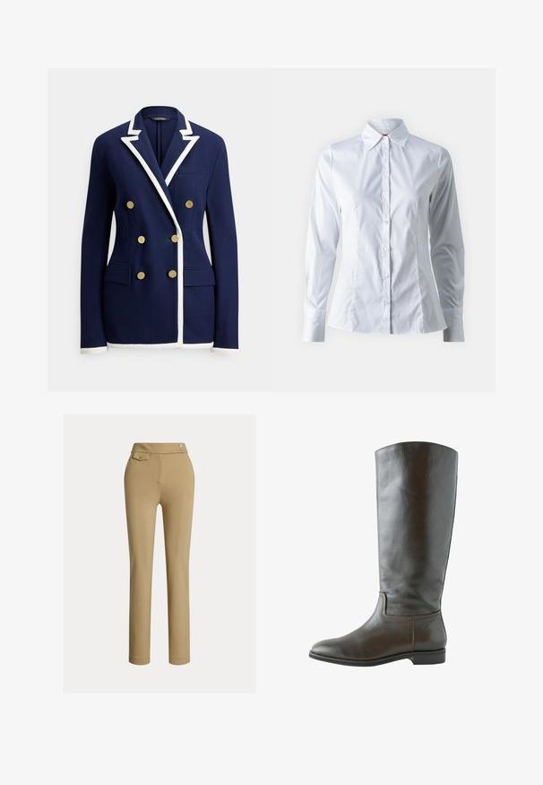 Marineblå dobbeltradet blazer med hvide kantdetaljer på revers, manchetter og kant, med seks guldknapper og forlommer med klap.; Hvid skjorte med lange ærmer, spidse krave, tætsiddende design, glat bomuldsstof og frontlukning med knapper.; Beige skræddersyede bukser med en glat tekstur, høj talje, to dekorative knapper og en enkelt baglomme. Lige ben-design.; Brun læder knæhøj støvle med en glat overflade, rund tå og minimal syning. Sålen er flad med en lav hæl.