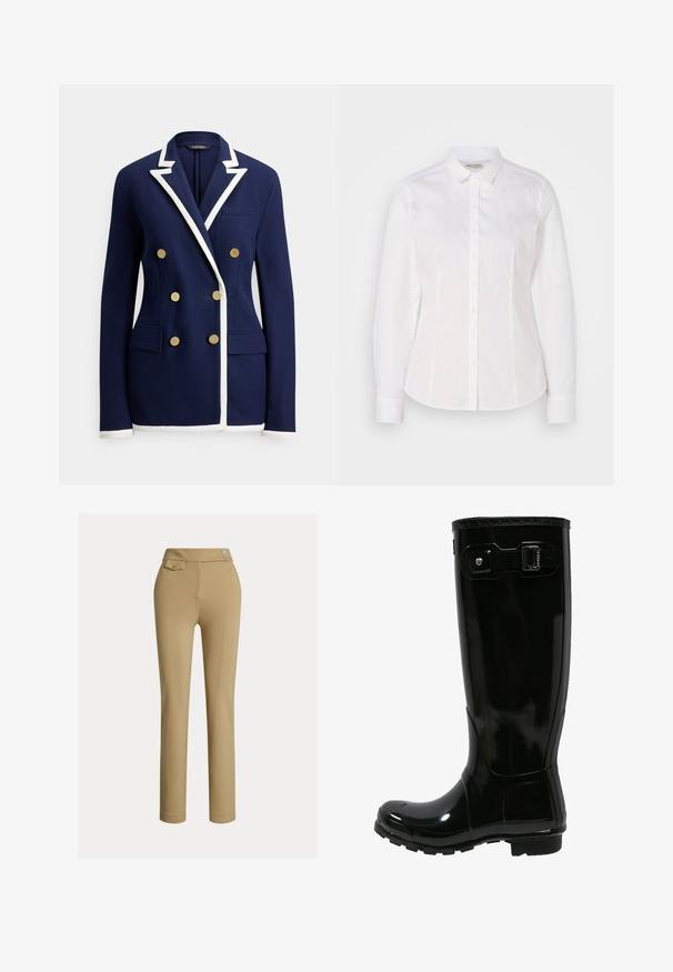 Blazer bleu marine à double boutonnage avec bordure blanche sur les revers, les poignets et l'ourlet, comportant six boutons dorés et des poches avant à rabat.; Chemise blanche à boutons fabriquée en coton lisse, avec un col classique, des manches longues et un logo subtil sur la poitrine. Présente une fermeture à boutons sur le devant.; Pantalons slim beige pour femmes avec taille haute, deux boutons sur le côté et une petite poche à rabat boutonnée près de la taille.; Botte de pluie en caoutchouc noir avec une finition brillante, design haut, accent de boucle sur le côté, semelle texturée pour l'adhérence et bout arrondi.
