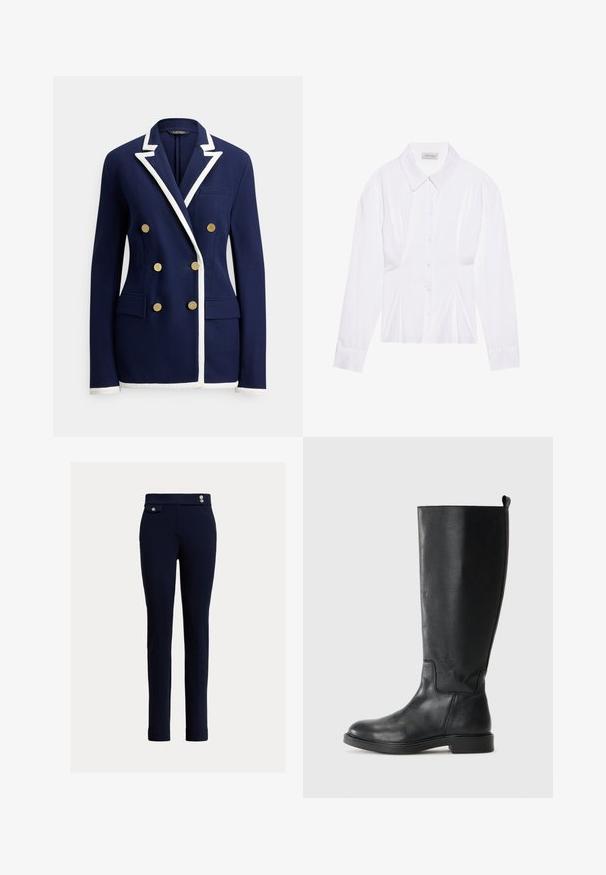 Blazer bleu marine à double boutonnage avec bordure blanche sur les revers, les poignets et l'ourlet, comportant six boutons dorés et des poches avant à rabat.; Blouse blanche à manches longues avec un col classique, fermeture à boutons sur le devant et détail froncé sur le côté. Tissu lisse avec une coupe ajustée.; Un pantalon slim-fit bleu marine avec taille haute, présentant des boutons décoratifs et une petite poche rabat sur le côté droit.; Bottes noires en cuir jusqu'au genou avec une texture lisse, bout arrondi, coutures minimales et un petit talon carré. Conçues avec une languette pour un enfilage facile.