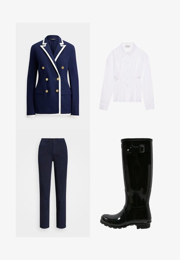 Marineblå dobbeltradet blazer med hvide kantdetaljer på revers, manchetter og kant, med seks guldknapper og forlommer med klap.; Hvid langærmet bluse med klassisk krave, knaplukning foran og samlede side detaljer. Glat stof med en skræddersyet form.; Lauren Ralph Lauren SLIM FIT STRETCH CHINO PANT - Chino - navy; Sort gummi regnstøvle med en blank finish, høj design, spænde detaljer på siden, tekstureret sål for godt greb og rund tå.