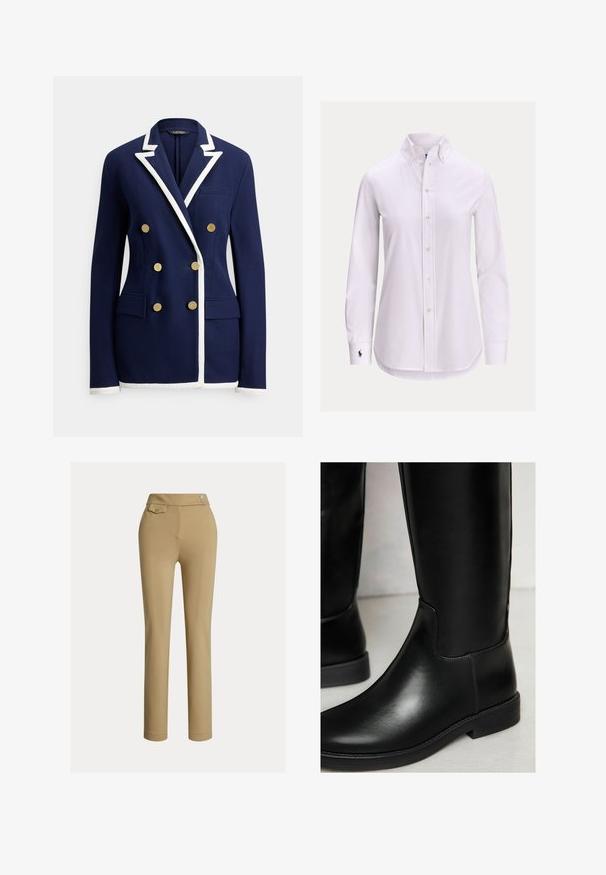 Marineblauwe dubbelgeknoopte blazer met witte biezen op revers, manchetten en zoom, voorzien van zes gouden knopen en voorflapzakken.; Witte blouse met lange mouwen, knoopsluiting, een knoopsluitkraag en een klein geborduurd logo op de linkermanchet.; Beige op maat gemaakte broek met een zachte textuur, hoge taille, twee decoratieve knopen en een enkele achterzak. Recht gesneden ontwerp.; Zwarte leren kniehoog boots met een gladde textuur, ronde neus, minimale stitching en een lage blokhak. Heeft een stijlvolle, strakke pasvorm.