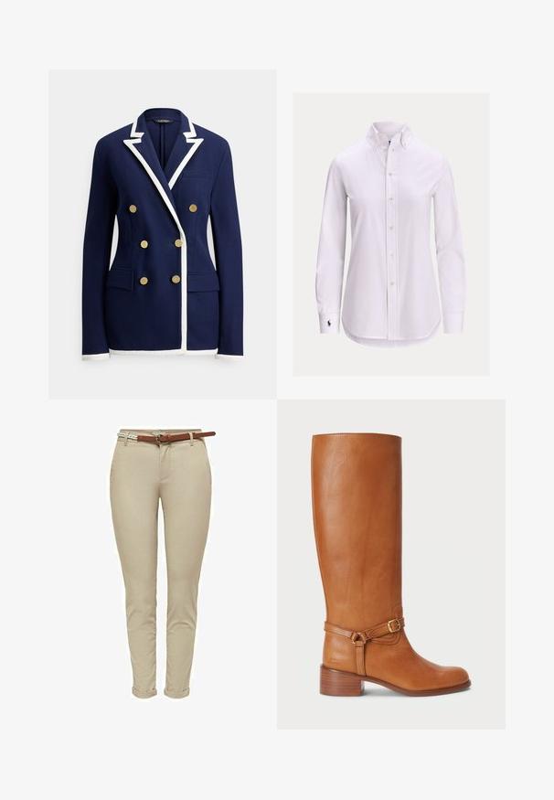 Blazer bleu marine à double boutonnage avec bordure blanche sur les revers, les poignets et l'ourlet, comportant six boutons dorés et des poches avant à rabat.; Chemise blanche à manches longues avec col boutonné et petit logo brodé sur le poignet gauche.; Pantalons beige ajustés en coton avec une texture lisse, dotés d'une ceinture en cuir marron et de revers roulés pour plus de détails.; Bottes en cuir marron hautes avec une finition lisse, dotées d'une sangle à boucle sur le côté et d'un talon empilé. La tige présente un design épuré et sans ornement.