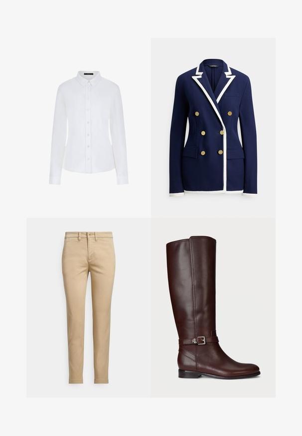 Blazer bleu marine à double boutonnage avec bordure blanche sur les revers, les poignets et l'ourlet, comportant six boutons dorés et des poches avant à rabat.; Chemise blanche à manches longues avec un col, fermeture à boutons sur le devant et poignets. Fabriquée en tissu lisse, avec un design ajusté et sans motifs visibles.; Chinos en coton beige avec une coupe droite, dotés d'une fermeture à bouton, de poches avant et de détails cousus le long des coutures.; Botte en cuir marron jusqu'au genou avec une texture lisse, accentuee par une boucle en métal argenté et un petit talon empilé. Présente des détails de couture subtils.