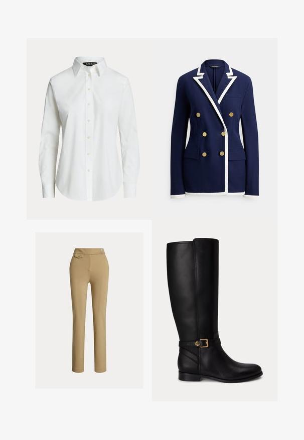 Marineblauer zweireihiger Blazer mit weißem Besatz an Revers, Bündchen und Saum, ausgestattet mit sechs goldenen Knöpfen und vorderen Pattentaschen.; Weißes langärmeliges Hemd mit klassischem Kragen und sichtbaren Knöpfen vorne, auf einfachem Hintergrund präsentiert.; Beige Maßhose mit glatter Textur, hoher Taille, zwei dekorativen Knöpfen und einer einzelnen Gesäßtasche. Gerade Beinform.; Schwarzer kniehoher Lederstiefel mit niedrigem Absatz, goldener Schnalle und kleinem eingeprägtem Logo am Seitengurt.