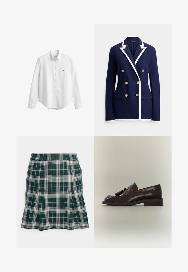 Blazer bleu marine à double boutonnage avec bordure blanche sur les revers, les poignets et l'ourlet, comportant six boutons dorés et des poches avant à rabat.; Chemise blanche à manches longues boutonnée avec col et poche poitrine avec un petit logo brodé sur fond uni.; Hollister Co. PLEATED MINI SKIRT - Minijupe - green; Mocassin en cuir marron foncé avec pampilles, talon bas et semelle cousue, montré de profil sur un fond neutre.