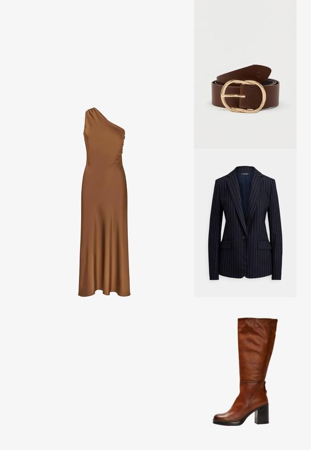 Blazer bleu marine à bouton unique avec fines rayures blanches, revers crantés, deux poches à rabat à l'avant et une poche passepoilée sur la poitrine.; Robe en satin marron sans manches avec un décolleté asymétrique et une jupe longue et fluide.; Botte en cuir marron, haute jusqu'au genou, avec un bout rond, un talon épais noir et des coutures discrètes sur le devant et l'arrière.; Ceinture en cuir marron avec une grande boucle ovale en ton doré. Texture lisse avec un bord soigneusement surpiqué. Longueur ajustable pour un meilleur ajustement.
