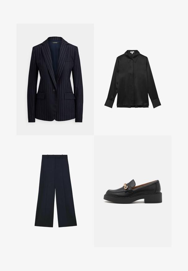 Marineblauwe blazer met één knoop, dunne witte krijtstrepen, steekrevers, twee klepzakken aan de voorkant en een borstzak met bies.; Zwarte satijnen blouse met lange mouwen, een puntige kraag, knoopsluiting aan de voorkant en brede manchetten. Gladde textuur en een slank ontwerp.; Wijde marineblauwe broek met een hoge taille en riemlussen, voorzien van een verborgen voorvaksluiting.; Zwarte leren loafer met een chunky plateauzool, voorzien van een goudkleurige kettingaccent en zichtbare stikdetails. Gladde textuur en strak design.