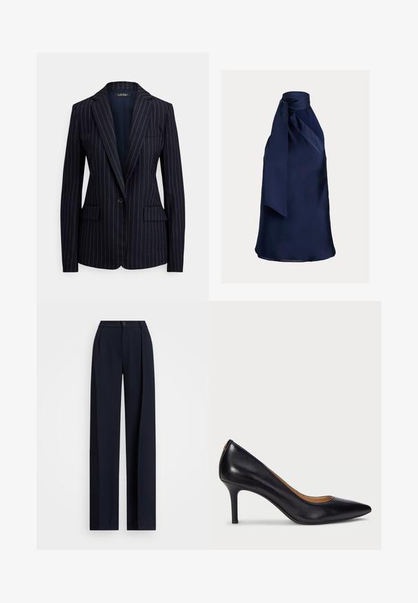 Marineblå blazer med enkelt knaplukning, tynde hvide nålestriber, hakknaprevers, to forlommer med klap og brystlomme med åbning.; Marineblå satin halternecktop med design i nakken, der er bundet, med en glat tekstur og draperet silhuet, velegnet til formelle lejligheder.; Mørkeblå brede bukser med folder, knappelukning og en glat stofstruktur. Designet til en løs og komfortabel pasform.; Lauren Ralph Lauren LANETTE PUMPS CLOSED TOE - Pumps - black