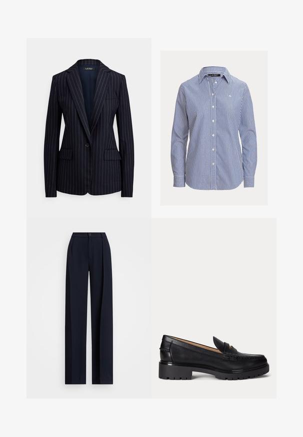 Blazer bleu marine à bouton unique avec fines rayures blanches, revers crantés, deux poches à rabat à l'avant et une poche passepoilée sur la poitrine.; Chemise femme à manches longues avec rayures verticales bleues et blanches, col pointu et petit logo brodé sur la poitrine.; Pantalons larges bleu marine avec plis, fermeture par bouton et texture de tissu lisse. Conçus pour un ajustement ample et confortable.; Mocassin en cuir noir avec semelle épaisse à relief, talon bas et bride décorative sur le devant.