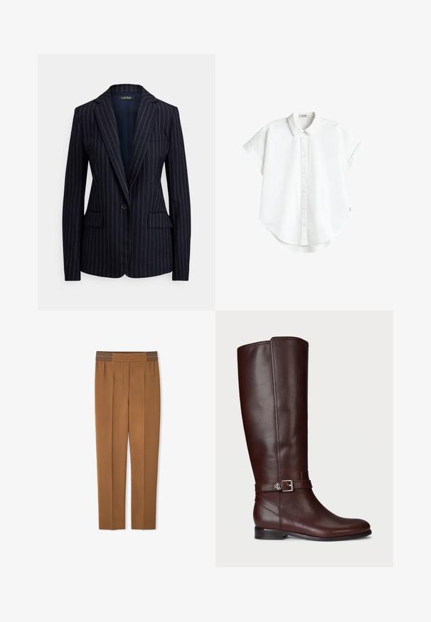 Marineblauwe blazer met één knoop, dunne witte krijtstrepen, steekrevers, twee klepzakken aan de voorkant en een borstzak met bies.; Witte, katoenen blouse met korte mouwen, knoopsluiting, kraag en opgerolde manchetten, licht gebogen zoom, plat gelegd op een witte achtergrond.; Bruine op maat gemaakte broeken met een platte voorkant, geplooide details en een contrasterende bruine tailleband. Fluweelachtige textuur met een rechte snit.; Bruine leren kniehoog laars met een gladde textuur, zilverkleurige gesp als accent en een lage, gestapelde hak. Bevat subtiele stikdetails.