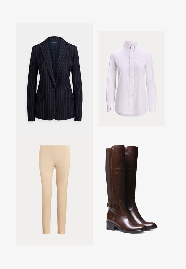 Marineblauwe blazer met één knoop, dunne witte krijtstrepen, steekrevers, twee klepzakken aan de voorkant en een borstzak met bies.; Witte blouse met lange mouwen, knoopsluiting, een knoopsluitkraag en een klein geborduurd logo op de linkermanchet.; Beige slim-fit enkellange broek met een gladde afwerking en zonder zichtbare zakken of versieringen op een effen achtergrond.; Bruine leren laarzen tot de knie met een gladde afwerking, contrasterend stofpaneel, enkelgesp detail en lage blokhak.